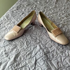 Vintage Red Cross Shoes Pink Corfam Pump – Pearl Beaded Buckle Ornament | Block